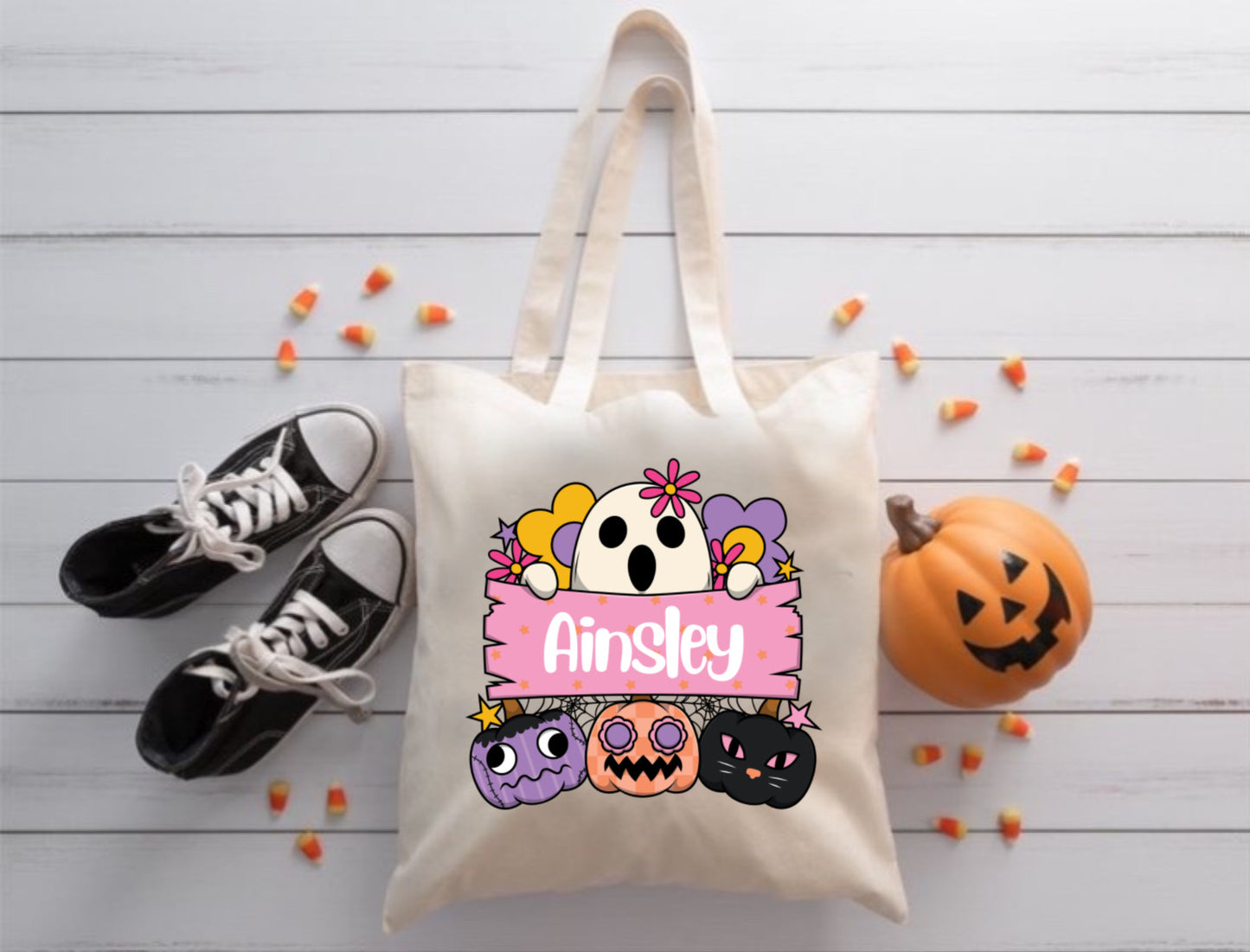 Pink Ghost Custom Name Trick or Treat Bag