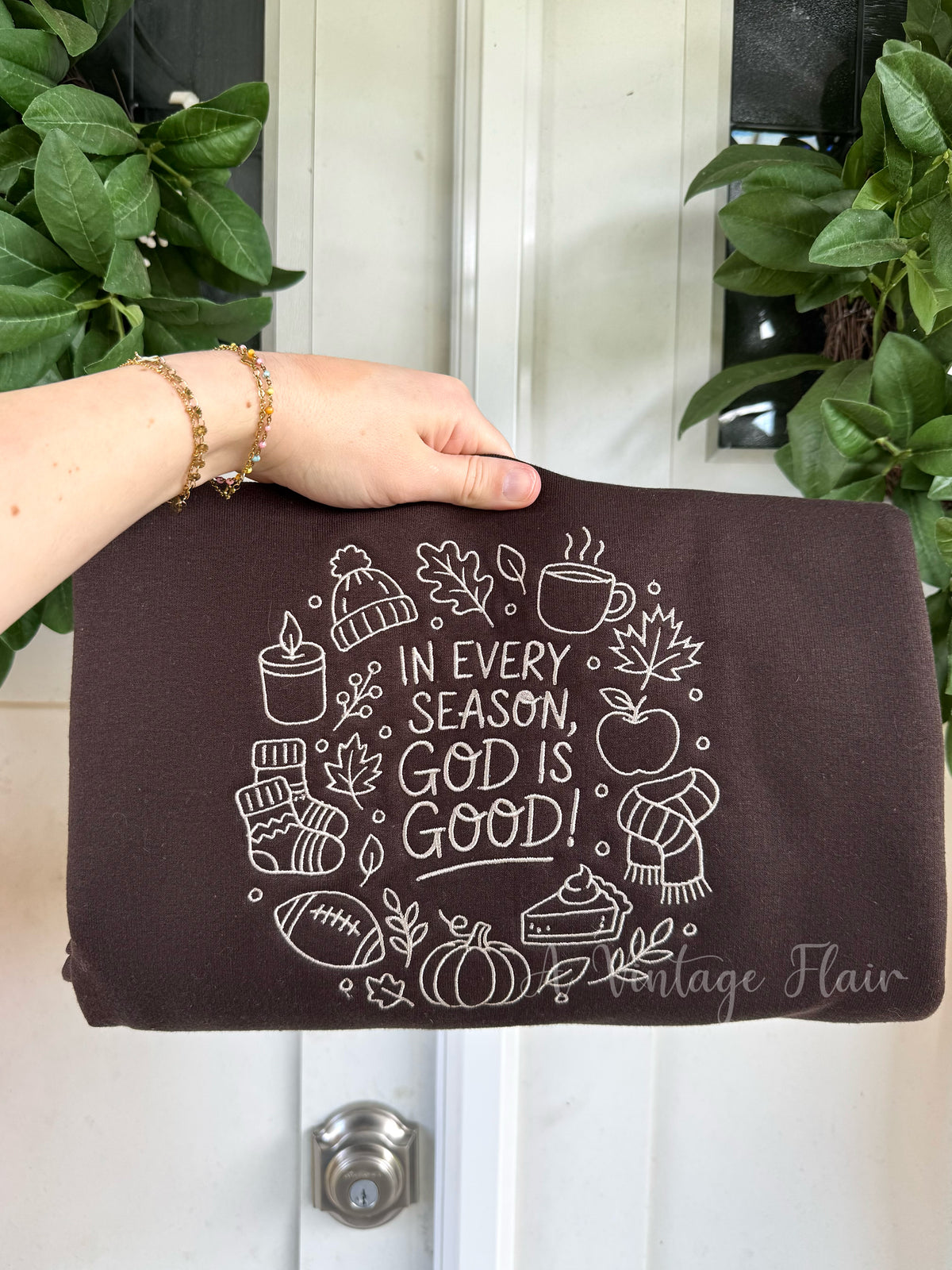 In Every Season God Is Good Embroidered Sweatshirt