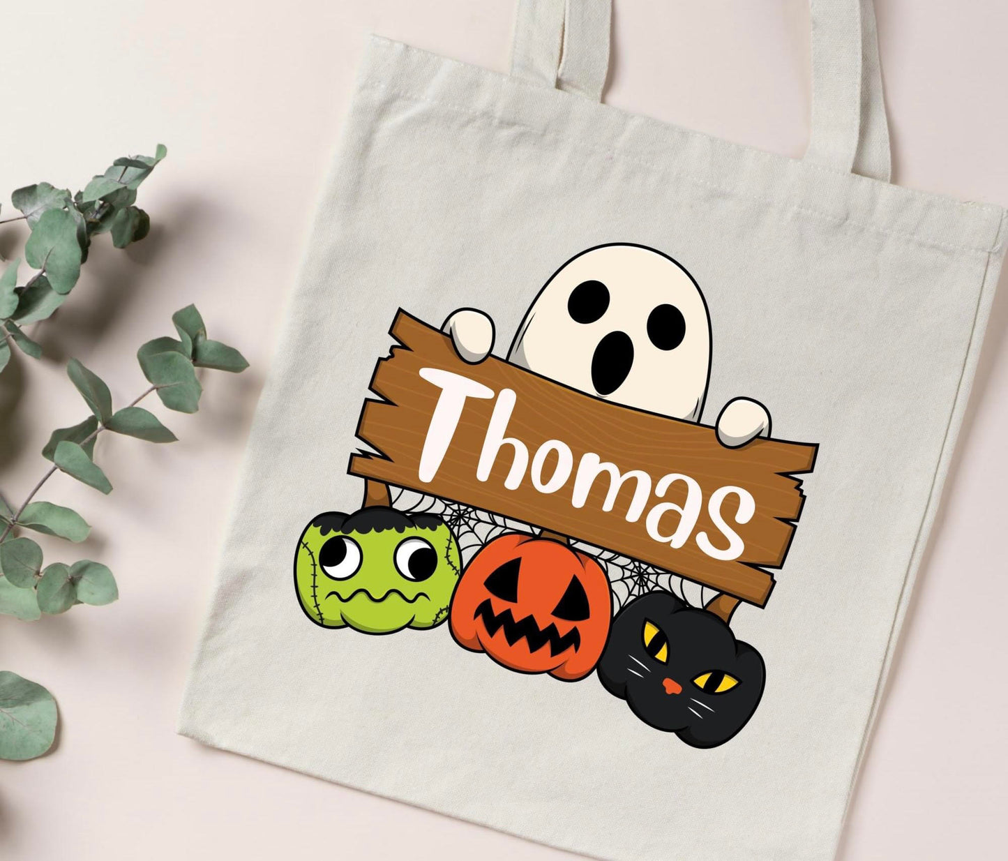 Brown Ghost Custom Name Trick or Treat Bag