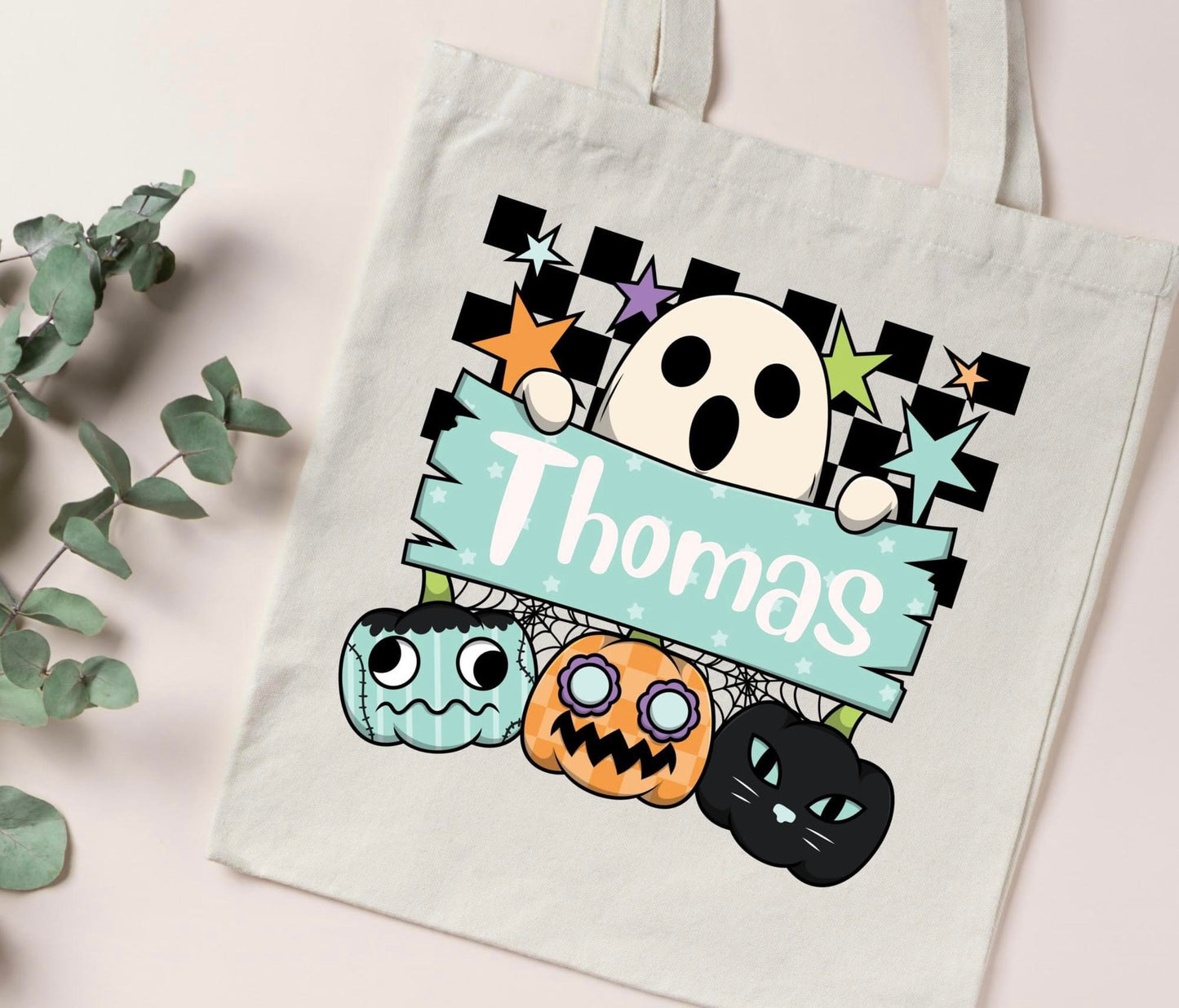 Blue Ghost Custom Name Trick or Treat Bag