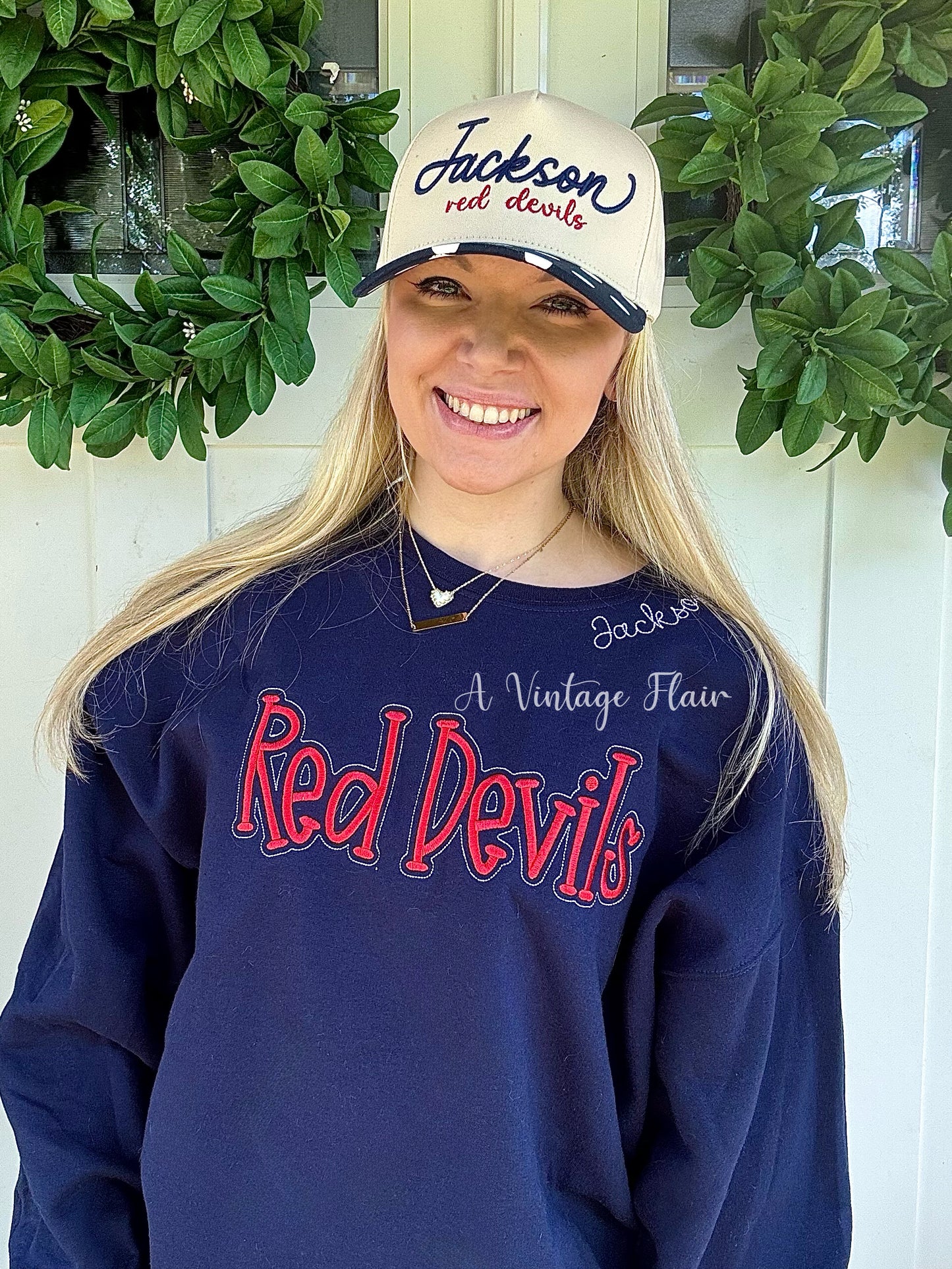 Jackson Red Devils Embroidered Crewneck