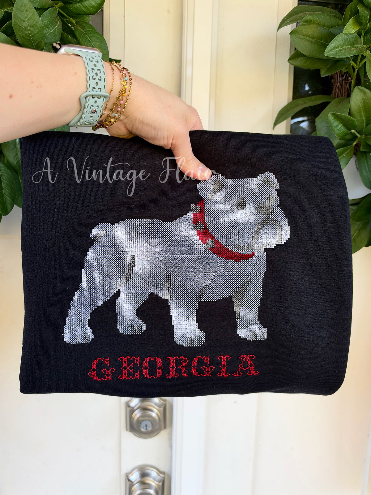 Cross Stitch Bulldog Embroidered Crewneck