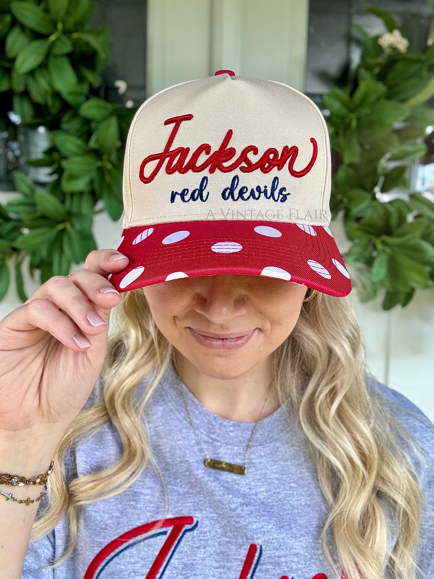 Jackson Red Polka Dot Puff Embroidered Hat