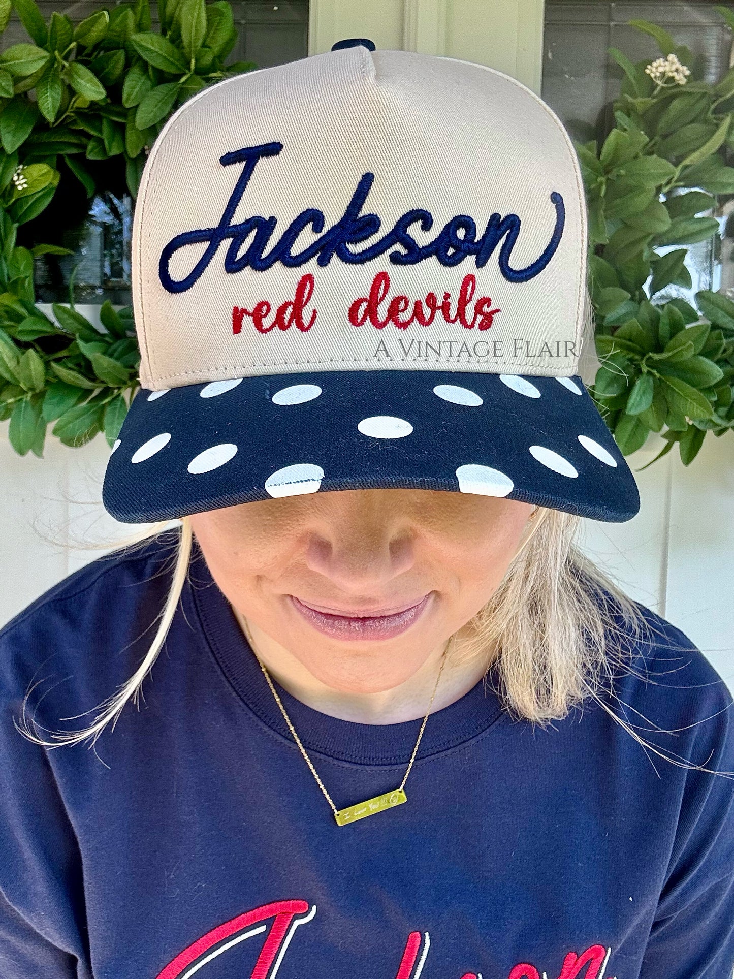 Jackson Navy Polka Dot Puff Embroidered Hat