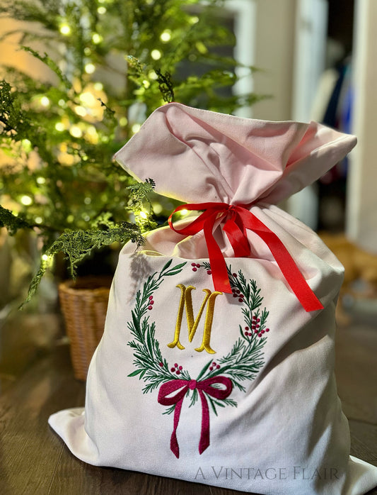 Embroidered Monogram Wreath Santa Sack