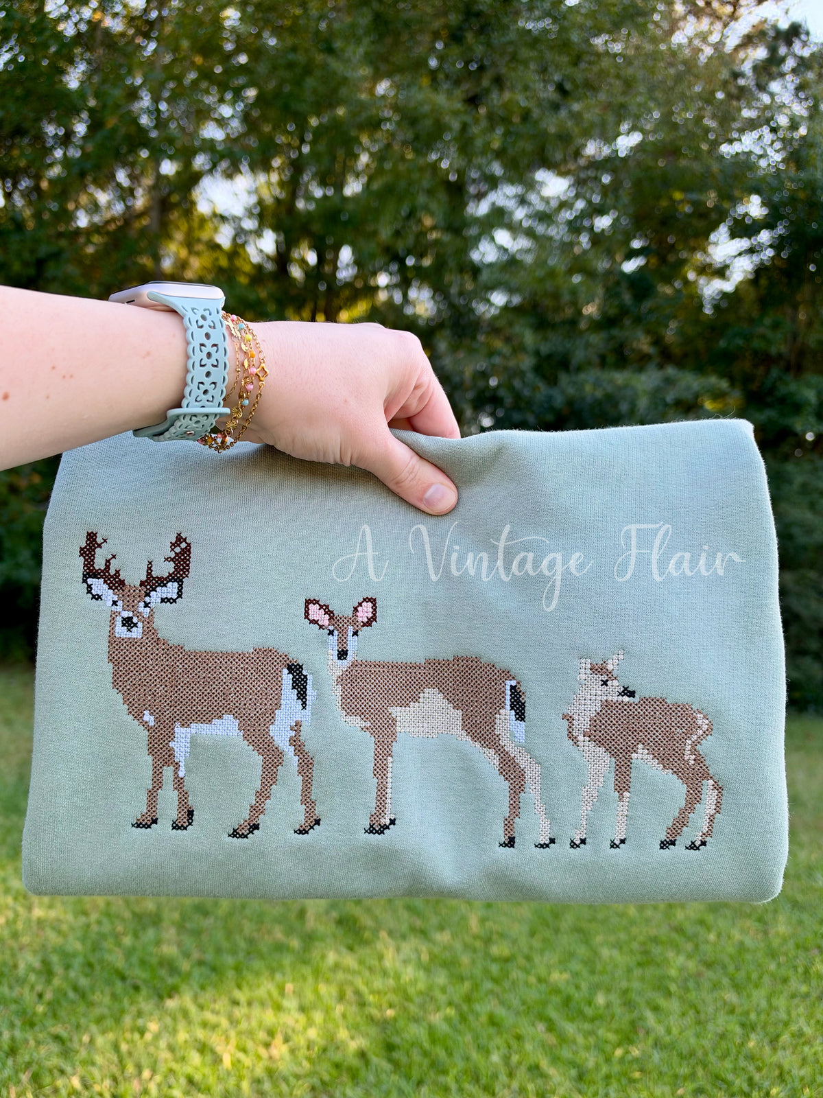 Cross-Stitch Deer Embroidered Sweatshirt