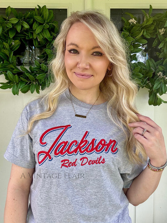 Jackson Script Embroidered Tee - Gray