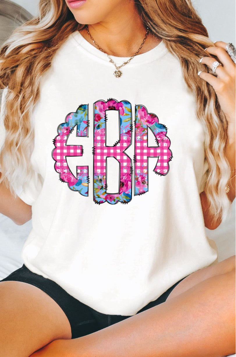 Pink Gingham + Floral Monogram Top