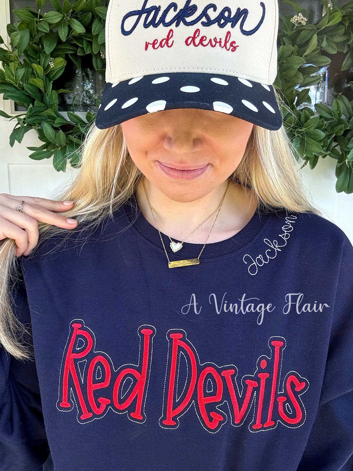 Jackson Red Devils Embroidered Crewneck