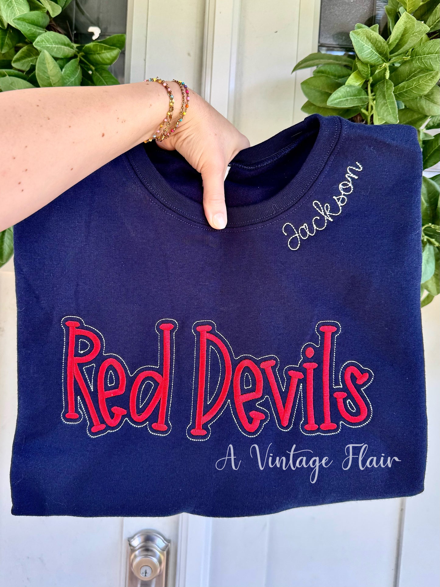Jackson Red Devils Embroidered Crewneck