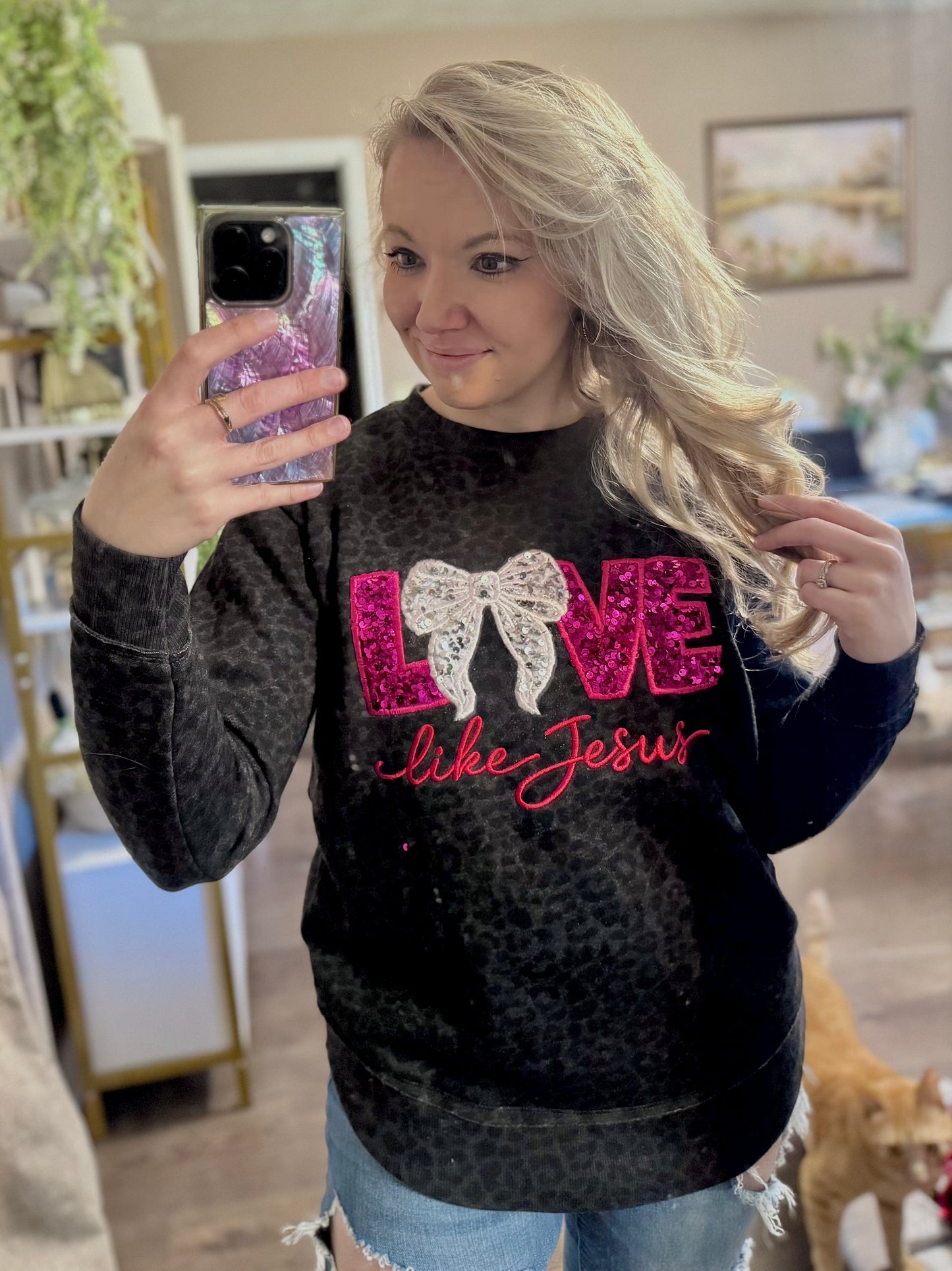Love Like Jesus Leopard Sequin Sweatshirt