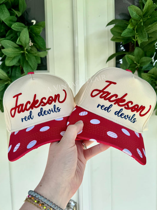 Jackson Red Polka Dot Puff Embroidered Hat