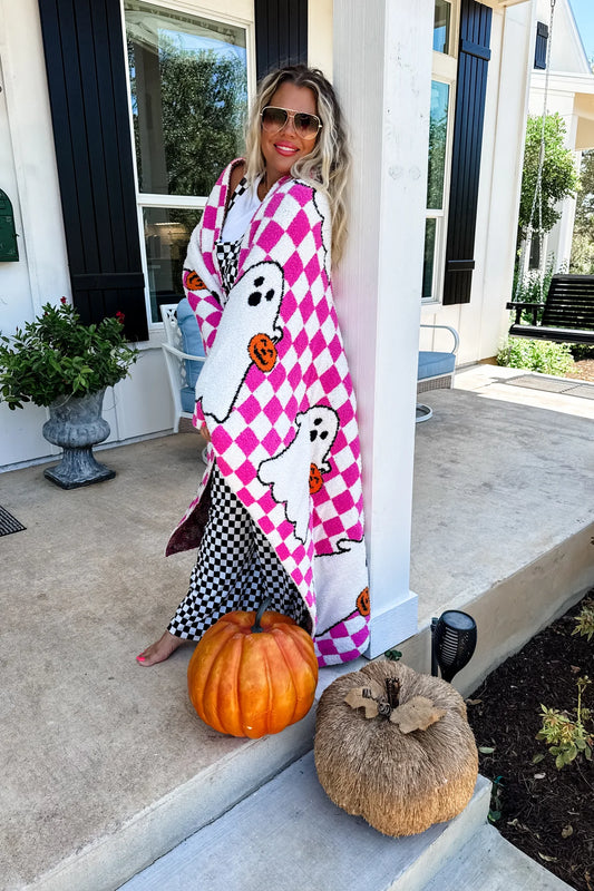 Pink Checkered Ghost Cloud Blanket