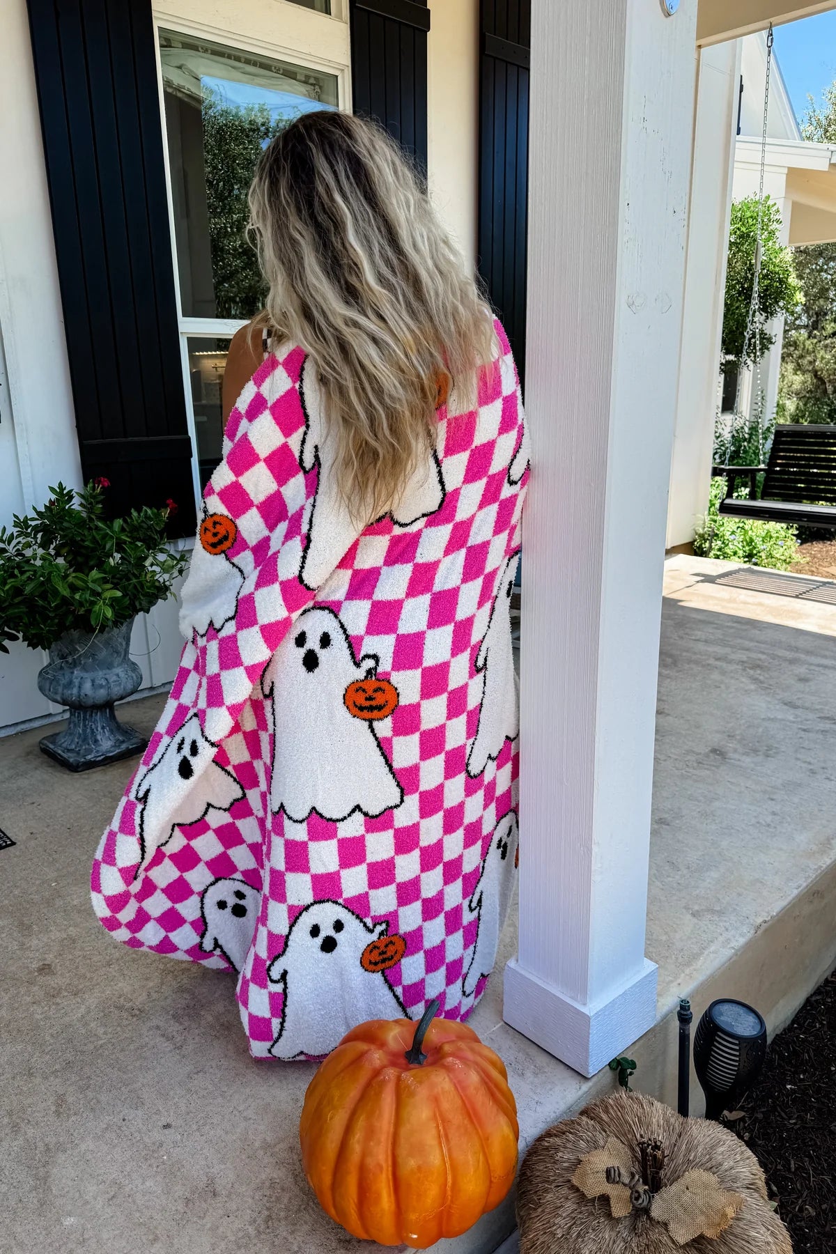 Pink Checkered Ghost Cloud Blanket