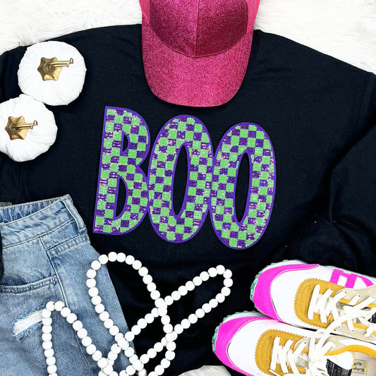 Boo Green + Purple Checkered Sequin Patch Top