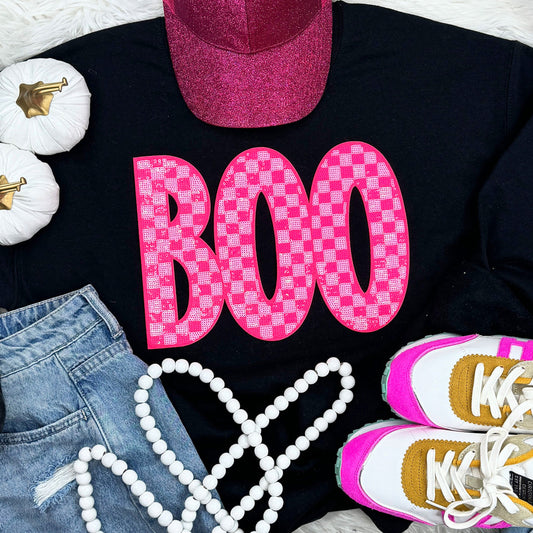 Boo Pink Checkered Sequin Patch Top