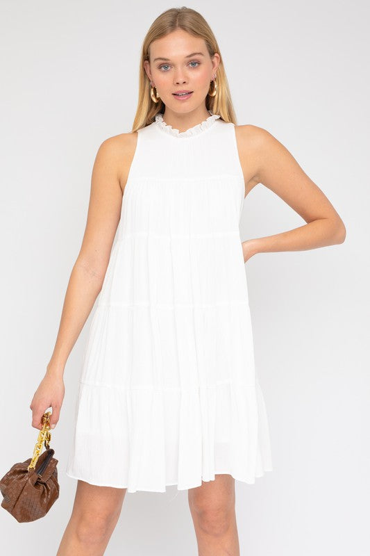 SLEEVELESS RUFFLE NECK TIERED DRESS