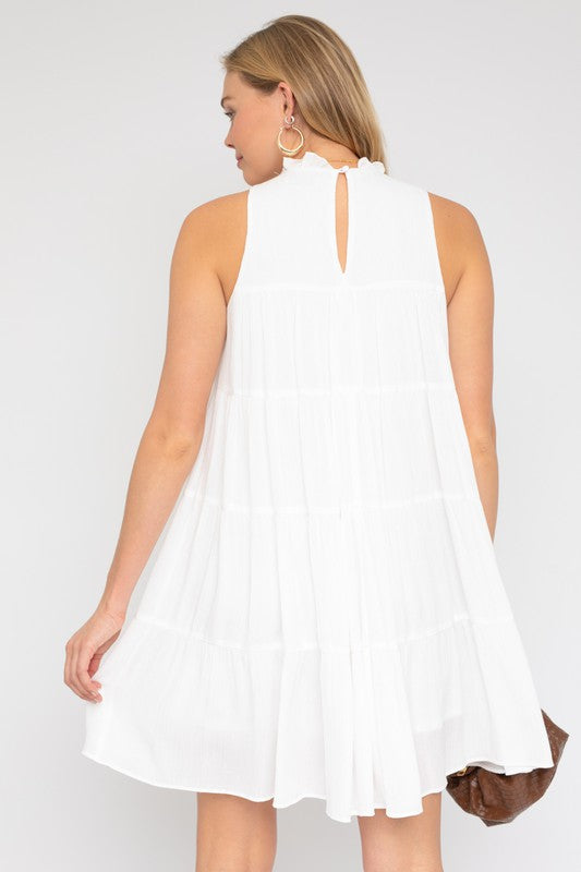 SLEEVELESS RUFFLE NECK TIERED DRESS