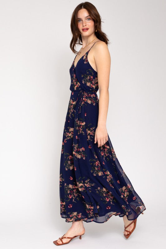 SPA STRAP FLORAL PRINTED MAXI WRAP DRESS